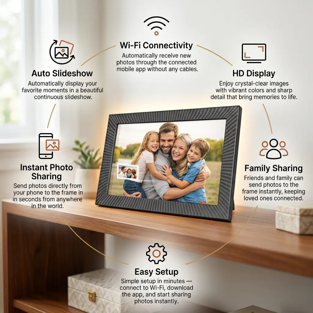 Send photos from your phone to the frame in seconds from anywhere in the world